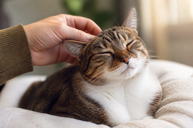 A person gently petting a calm cat that looks relaxed and comfortable.