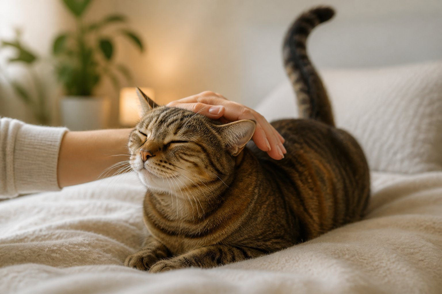 A calm cat being gently petted on the head and back by a human hand, showing relaxed and content body language.