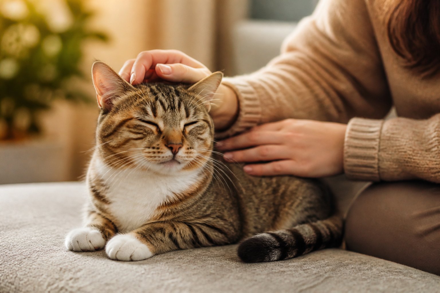A person gently petting a calm cat indoors, showing the cat relaxed and comfortable.