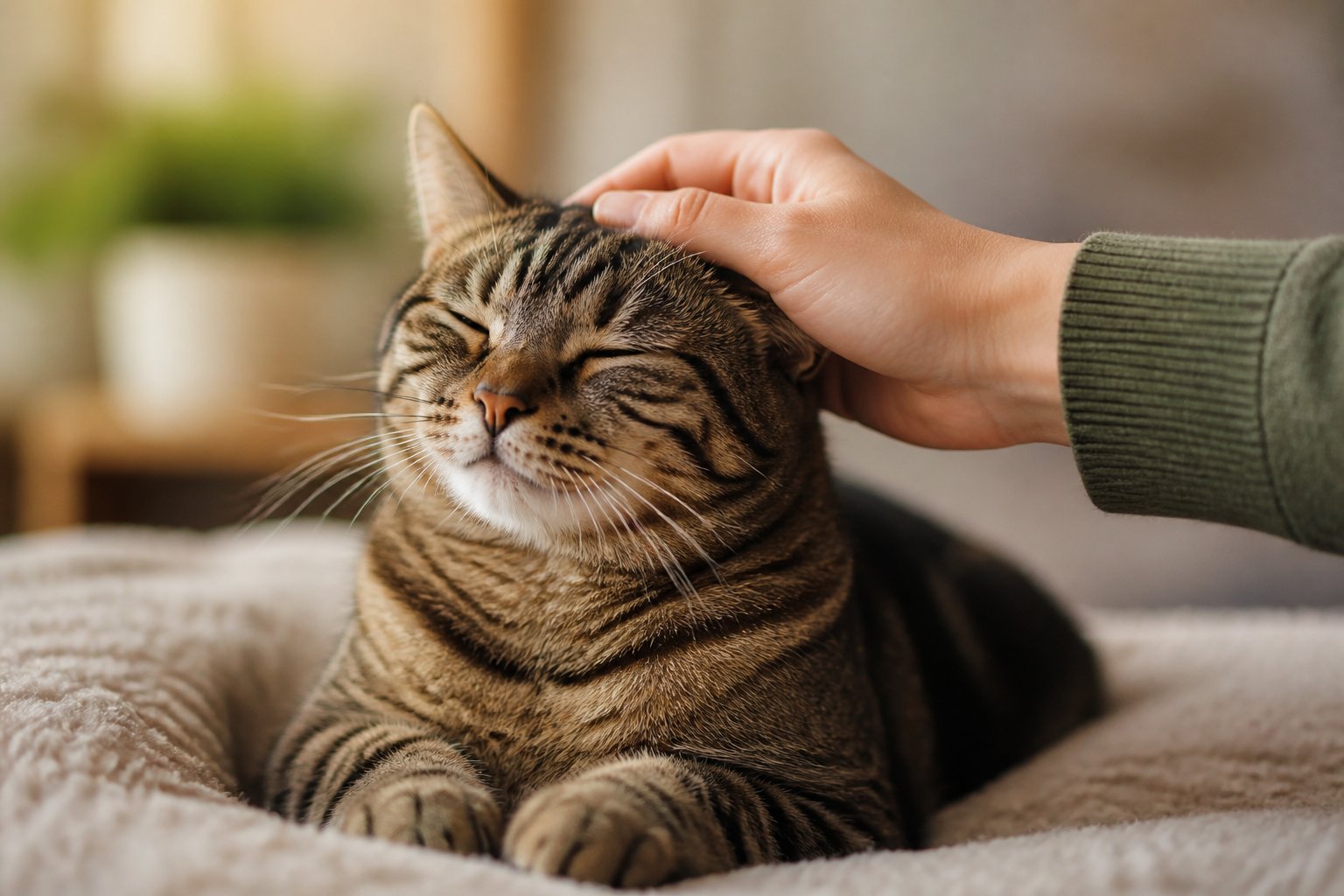 A person gently petting a relaxed cat that is sitting comfortably.