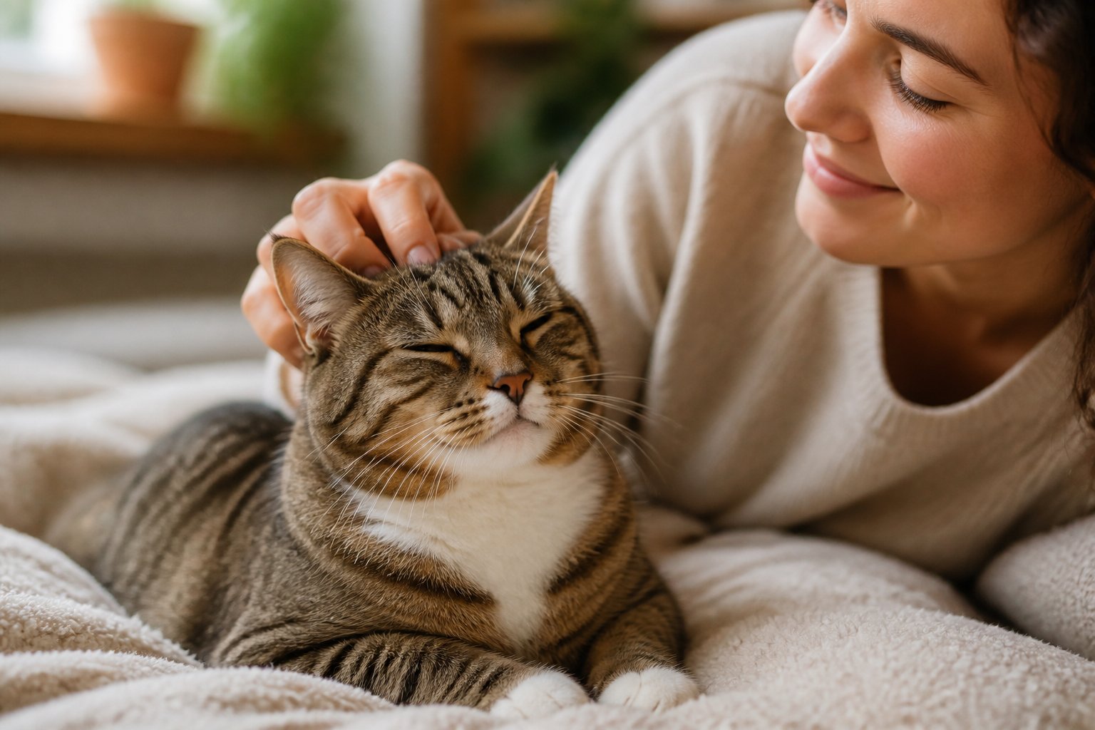 A person gently petting a calm cat on the head and behind the ears while the cat sits comfortably with relaxed eyes and ears.