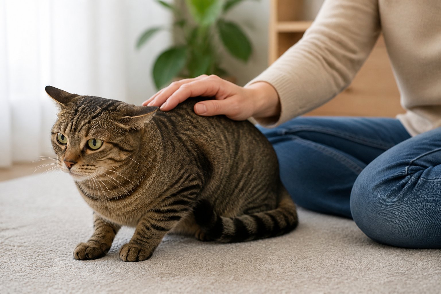 A person gently petting a cat that shows signs of discomfort, highlighting areas to avoid while petting.