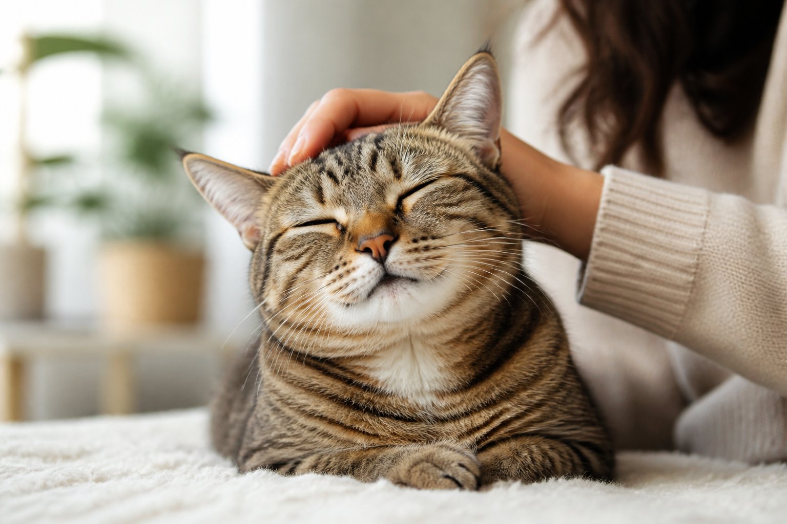 A person gently petting a relaxed cat that looks calm and comfortable indoors.