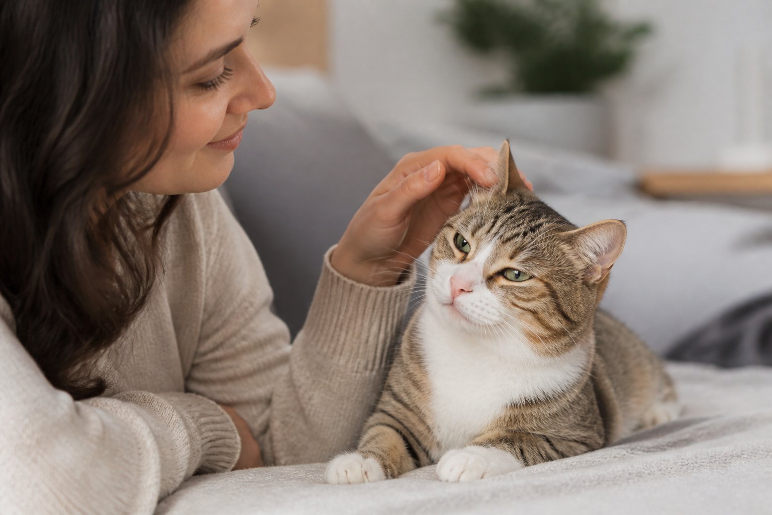 A person gently petting a relaxed cat indoors, showing a calm and friendly interaction.