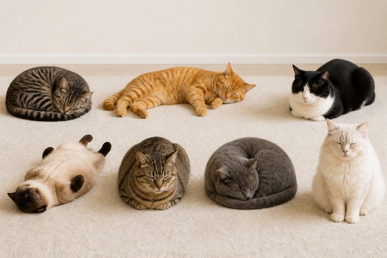 Seven cats each sleeping in different positions indoors, showing various natural resting poses.