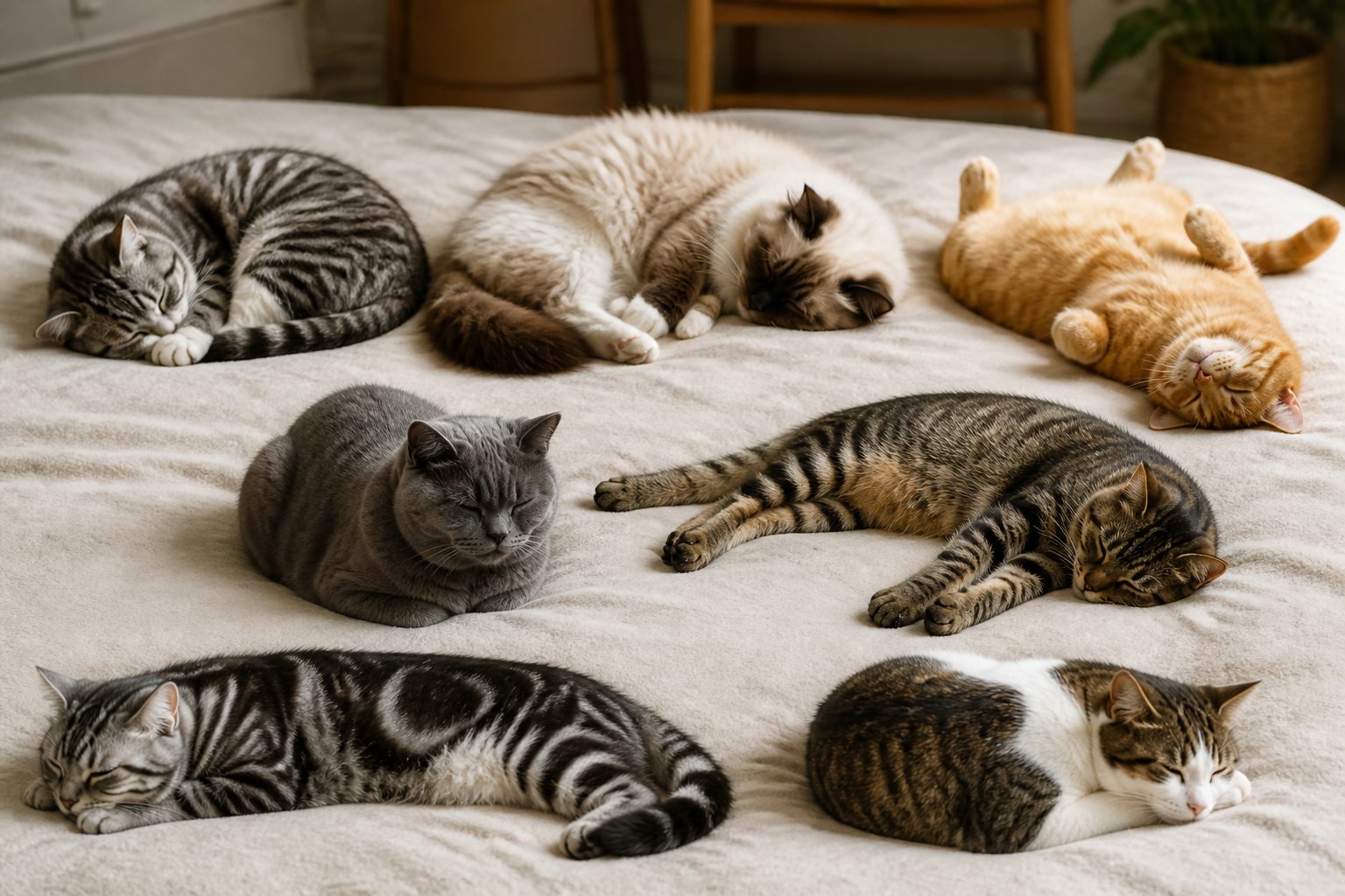 Seven cats sleeping in different positions on a soft surface, each showing a unique pose.