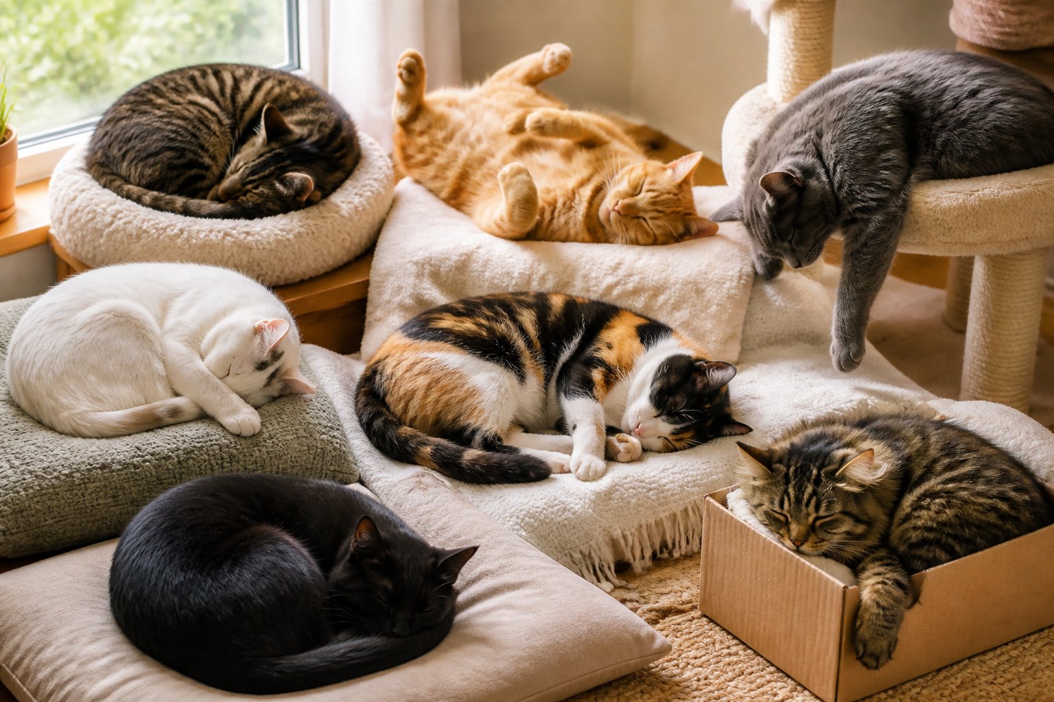 Seven cats sleeping in various unusual positions on cushions and blankets in a cozy room.