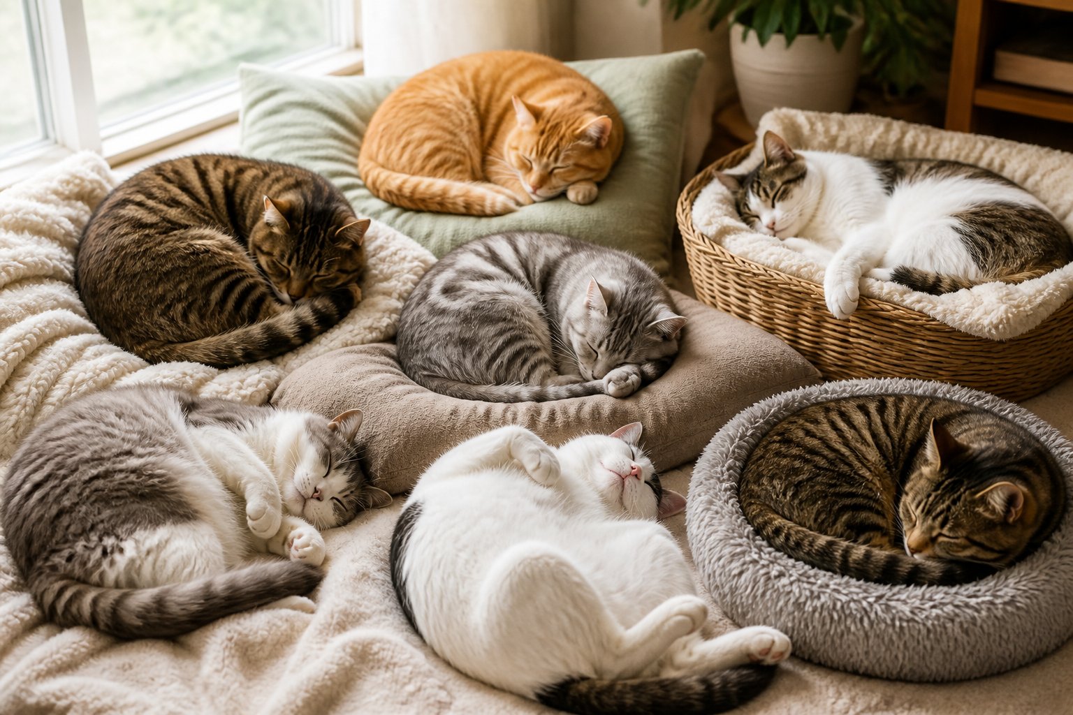 Seven cats sleeping in different positions on soft blankets and cushions in a cozy indoor setting.