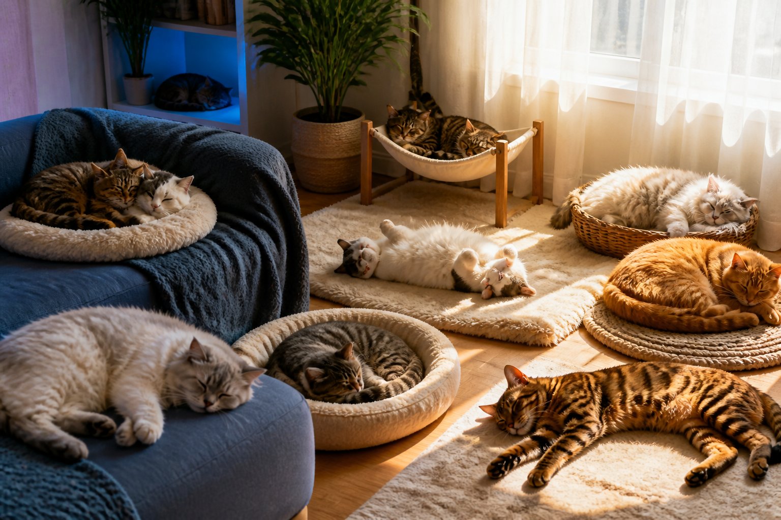 Several cats sleeping in different positions around a cozy living room with warm sunlight and shaded areas.