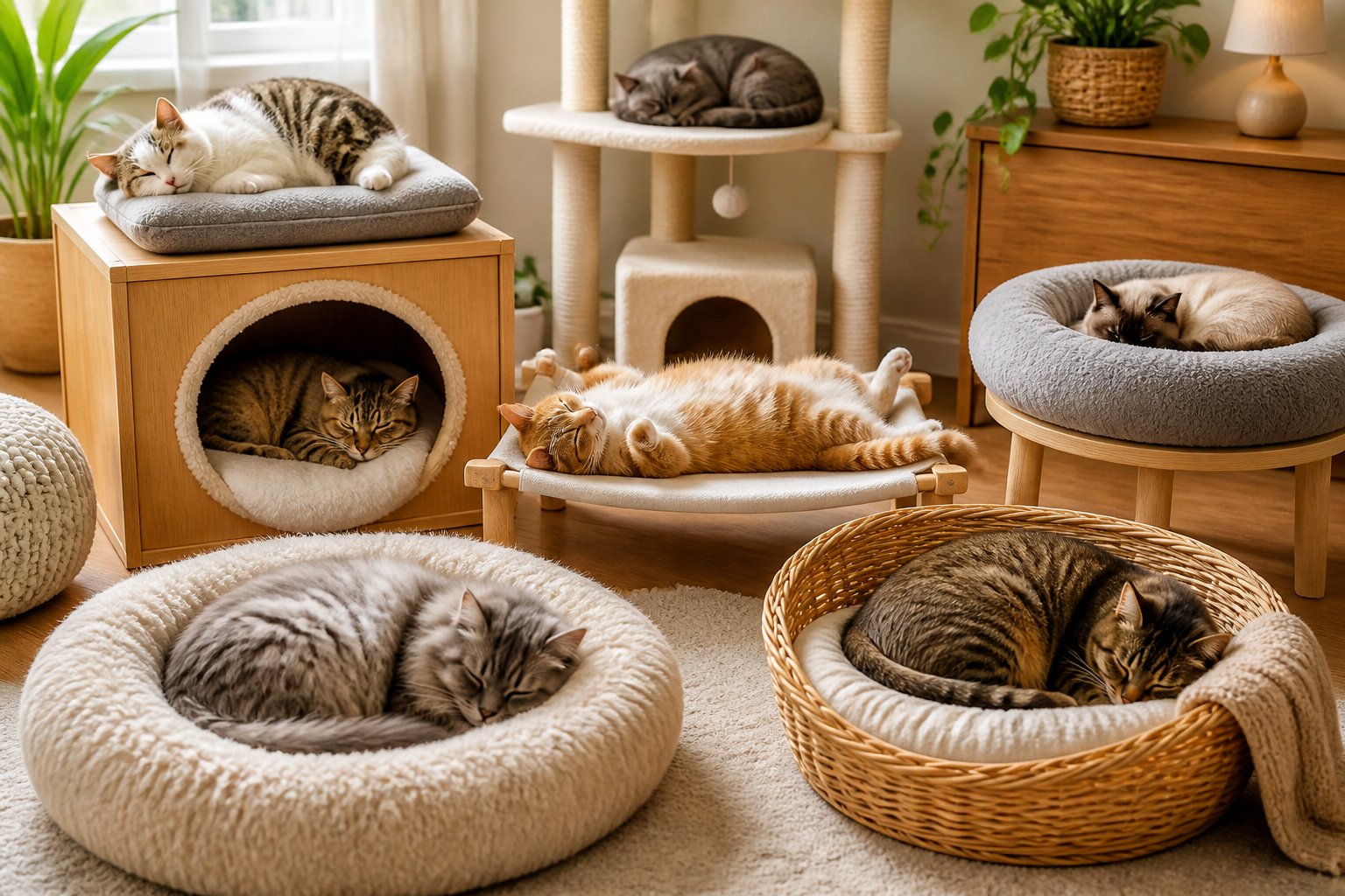 Several cats sleeping peacefully in different positions on various cat beds and furniture in a bright, cozy living room.