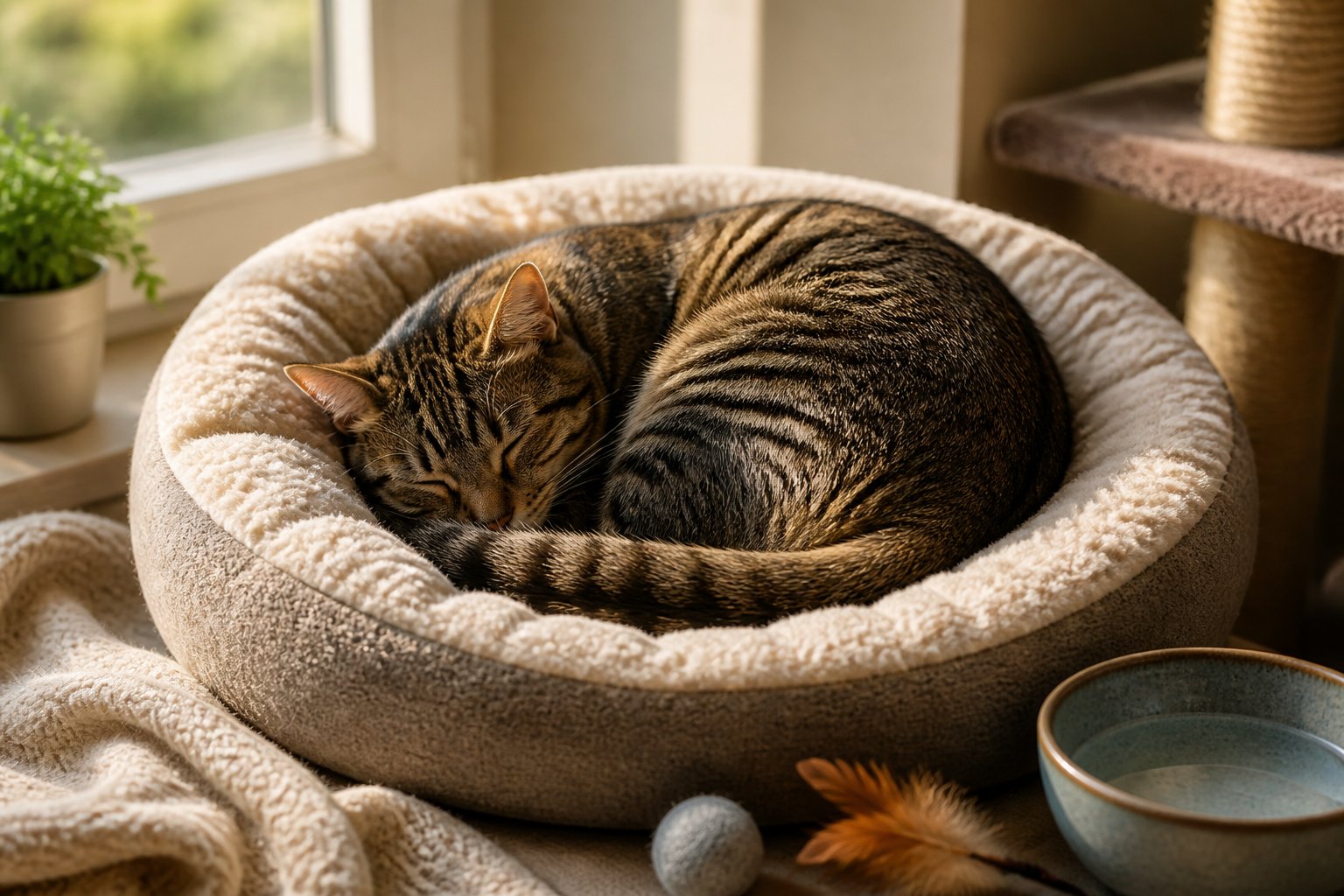 A cat curled up and sleeping peacefully in a soft bed near a sunny window inside a cozy home.