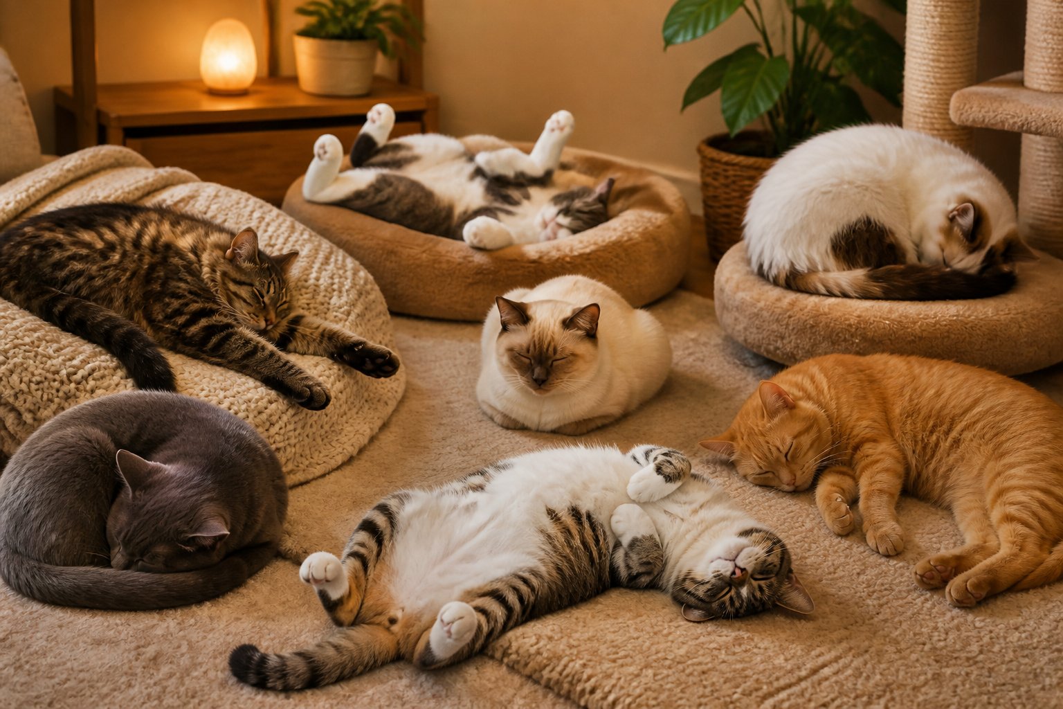 Seven cats sleeping in different positions in a cozy indoor setting.