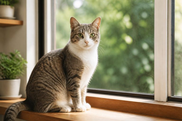 A healthy domestic cat sitting on a wooden windowsill with natural light and a cozy home background.