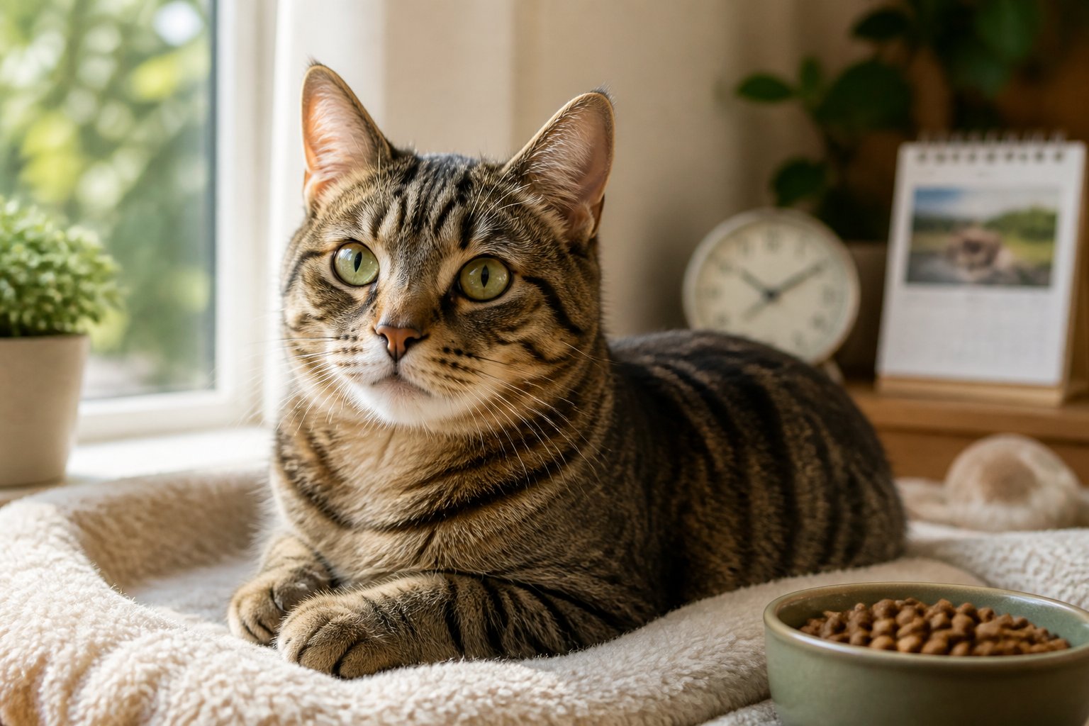 A healthy domestic cat sitting on a cushion near a sunny window inside a cozy home.