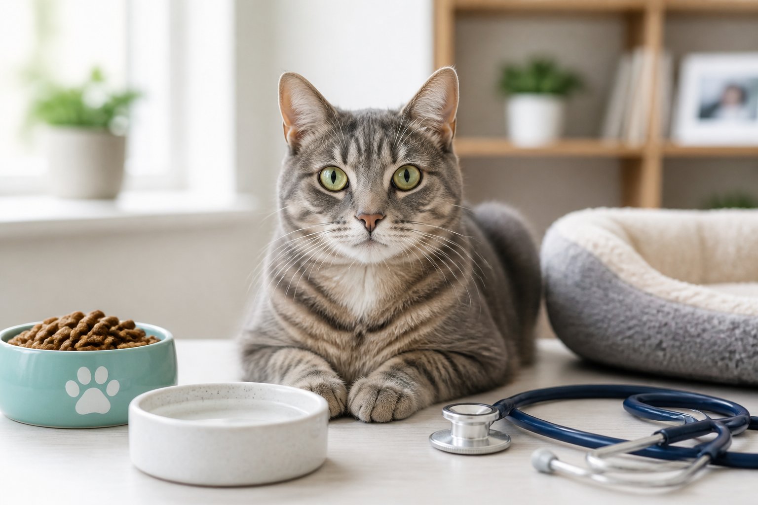 A healthy adult domestic cat sitting indoors near a bowl of food, water dish, cozy bed, and a veterinarian's stethoscope.