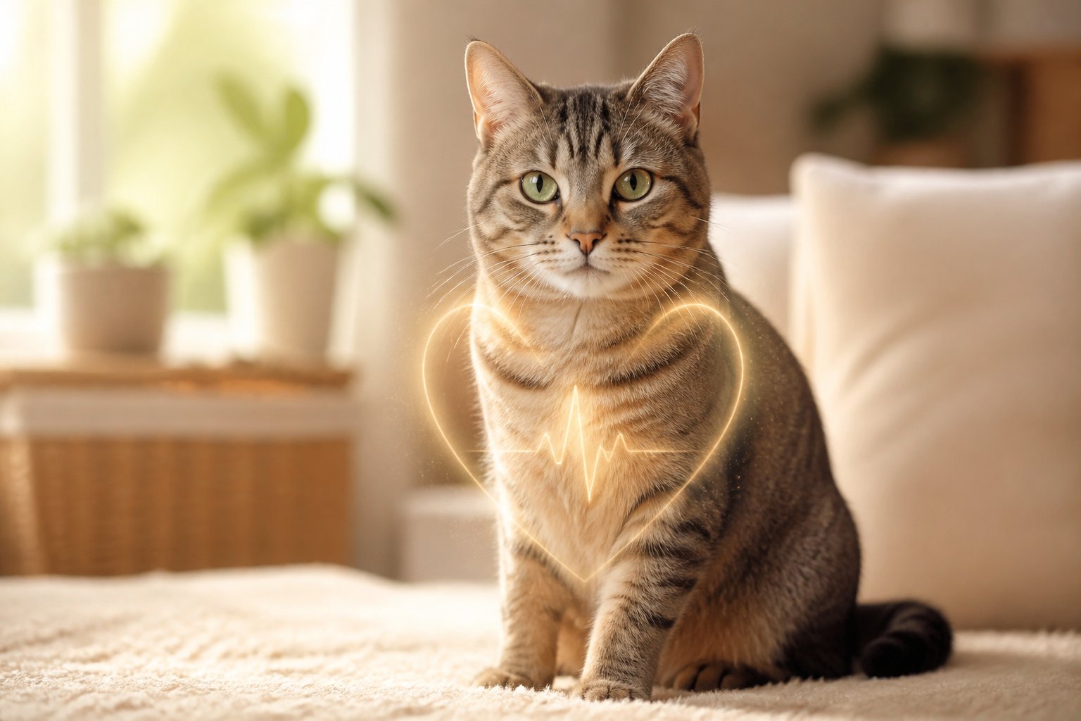 A healthy adult domestic cat sitting calmly indoors on a soft surface with natural light coming from a window.
