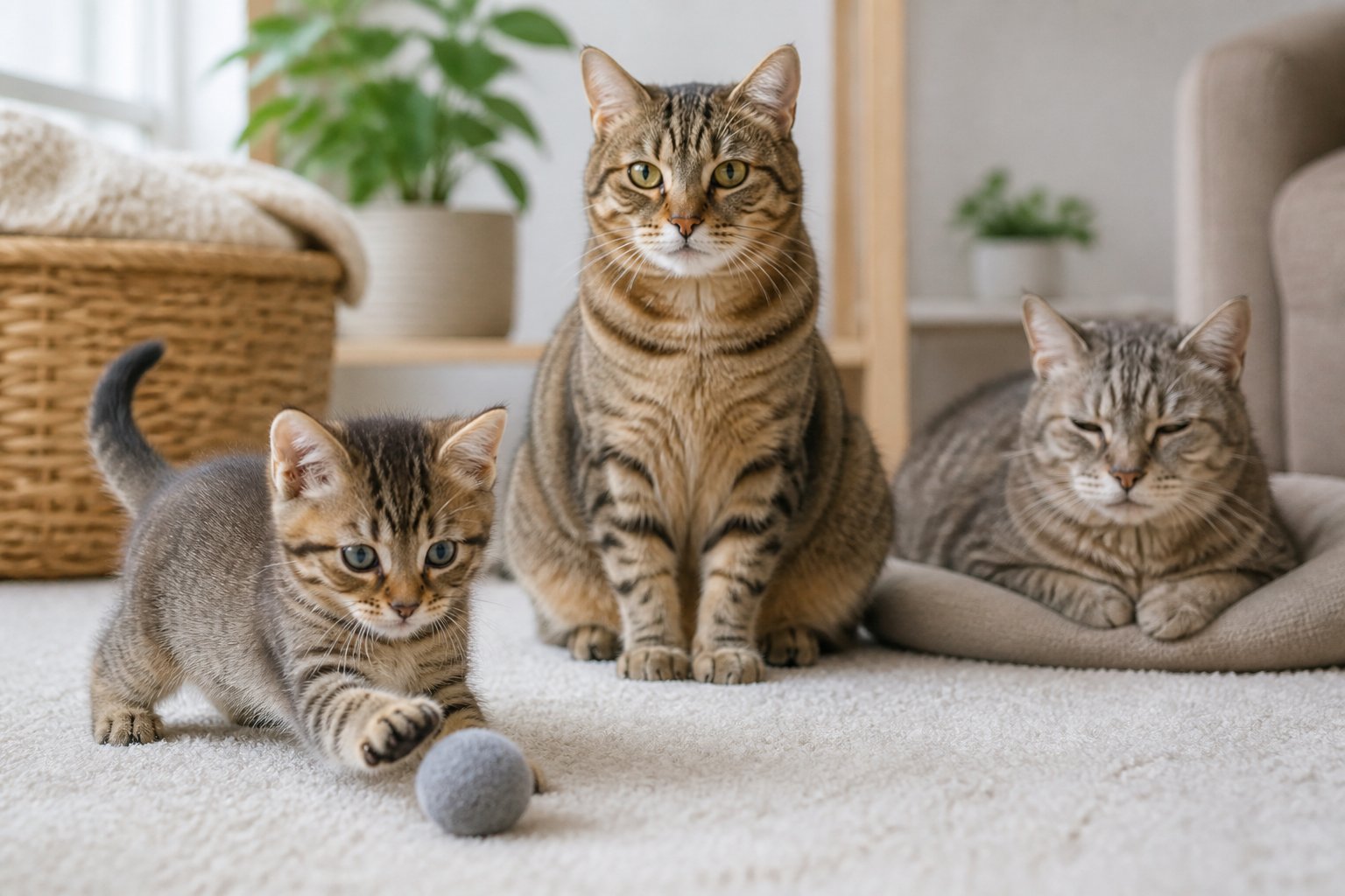 Three cats of different ages: a playful kitten, a calm adult cat, and a resting elderly cat in a cozy indoor setting.