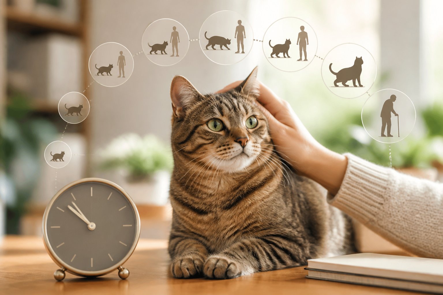 A healthy adult cat sitting on a table with a clock nearby and a hand gently petting it in a cozy home setting.