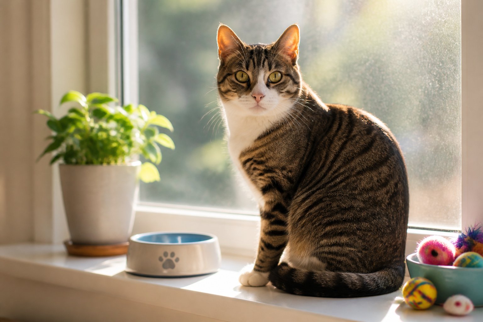 A healthy adult cat sitting on a sunlit windowsill with a water bowl and toys nearby.
