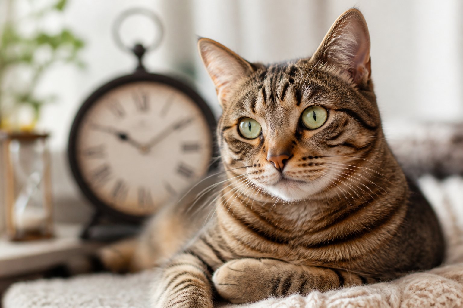A close-up of a healthy domestic cat resting comfortably indoors with a softly blurred clock in the background.