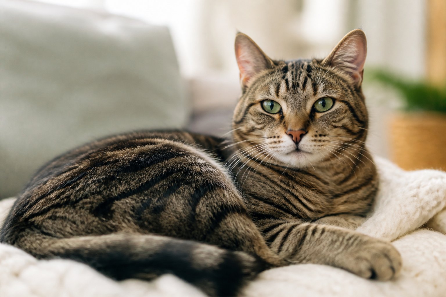 A healthy domestic cat resting comfortably indoors on a soft surface.