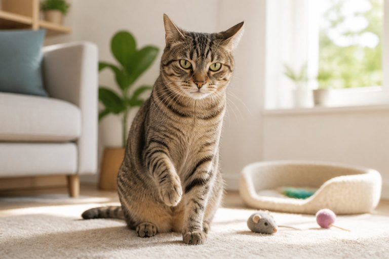 A domestic cat limping on one front paw inside a bright and cozy living room.