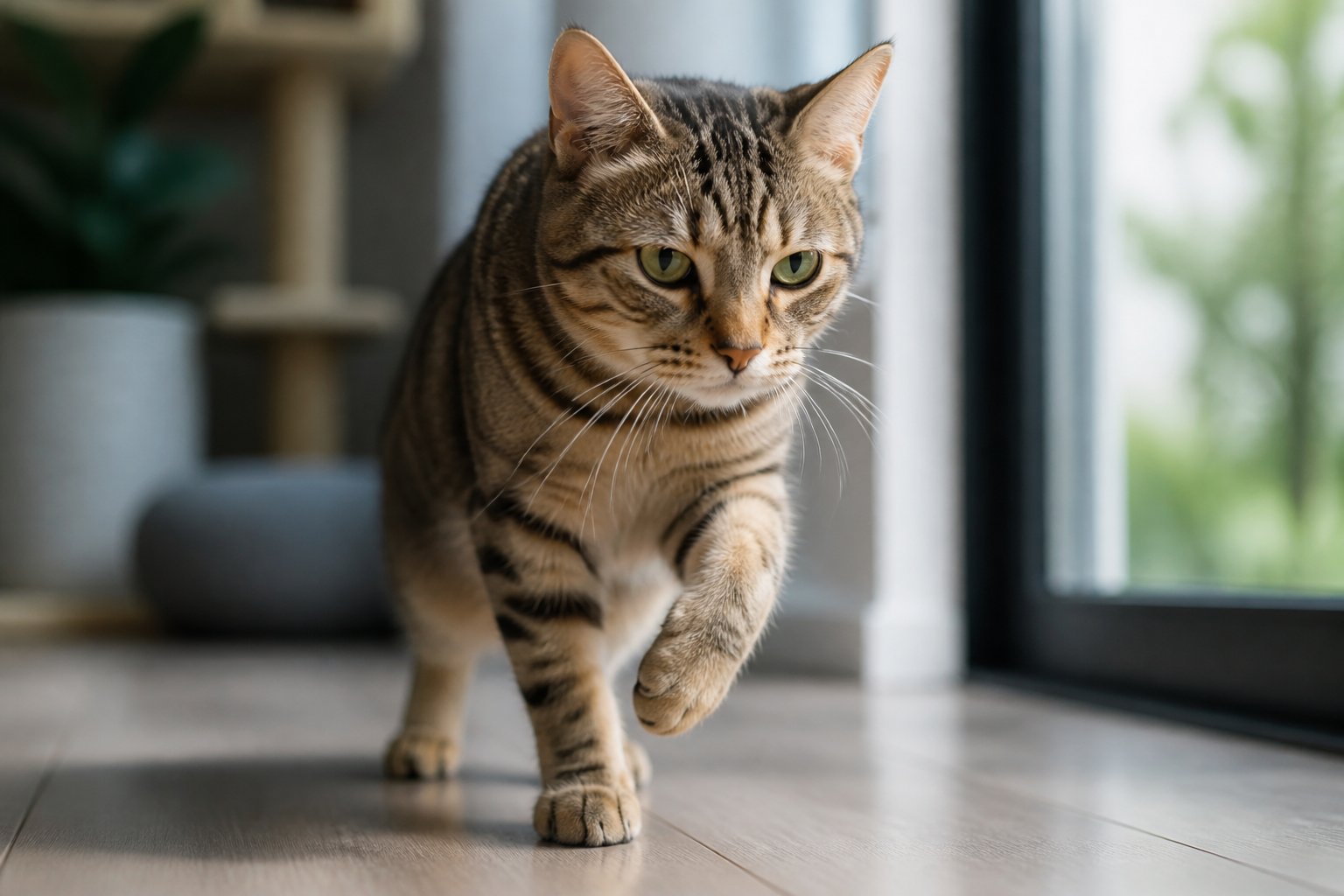 A domestic cat walking indoors, favoring one front paw as if limping.
