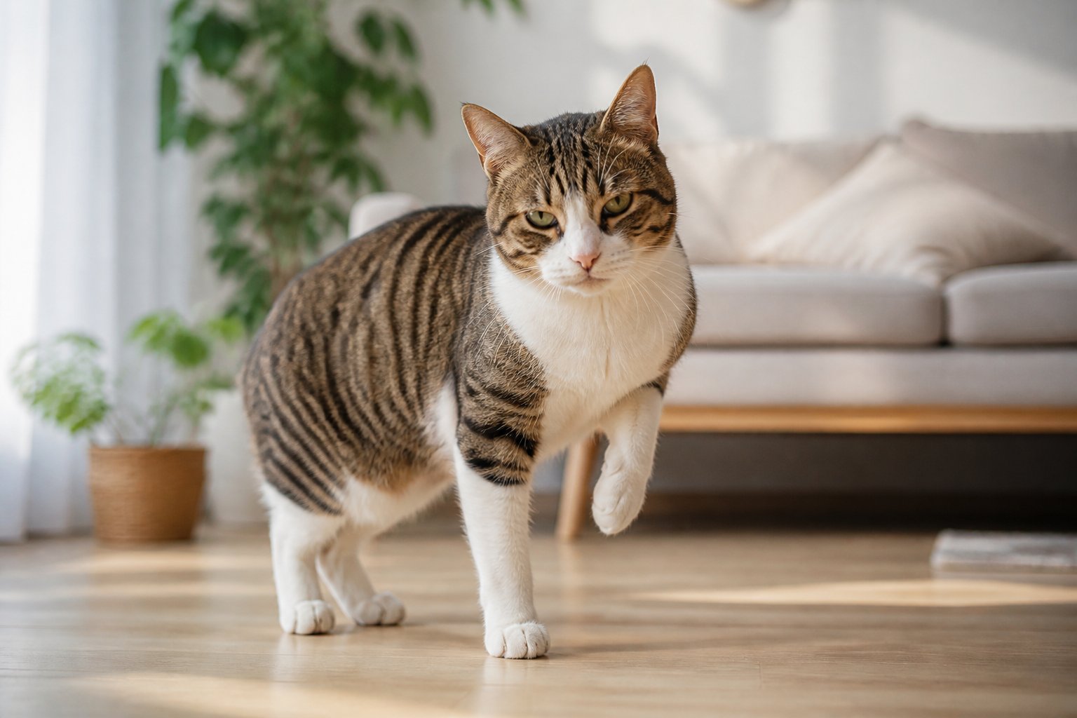 A domestic short-haired cat standing on a wooden floor, lifting one front paw slightly, in a bright living room with a sofa and plants in the background.