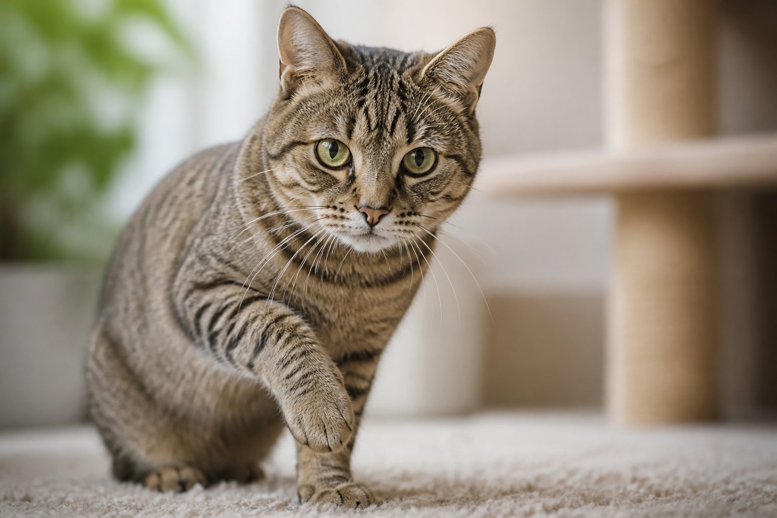 A domestic cat indoors lifting one front paw, appearing to limp.