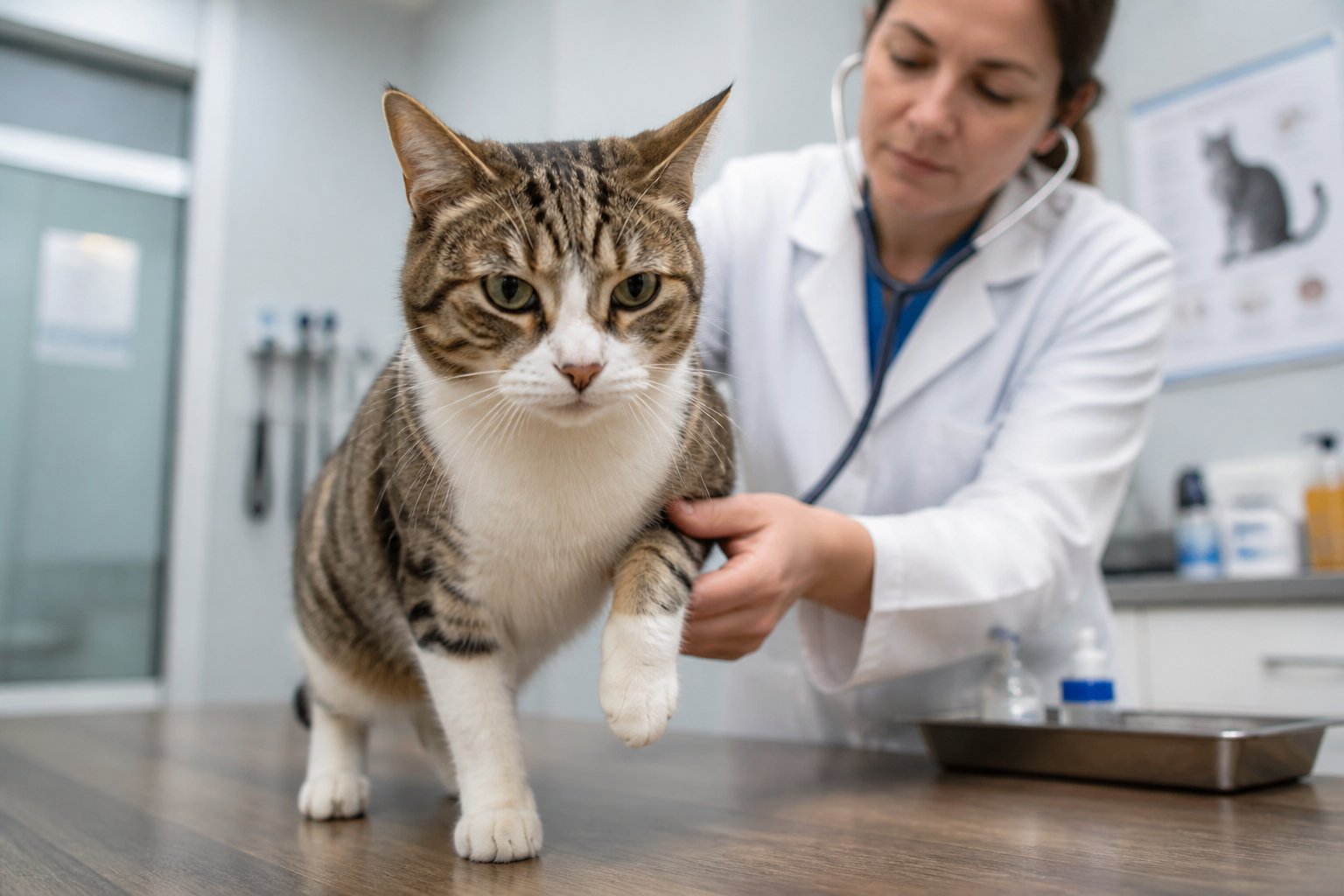 A domestic cat limping slightly while being examined by a veterinarian in a veterinary clinic.