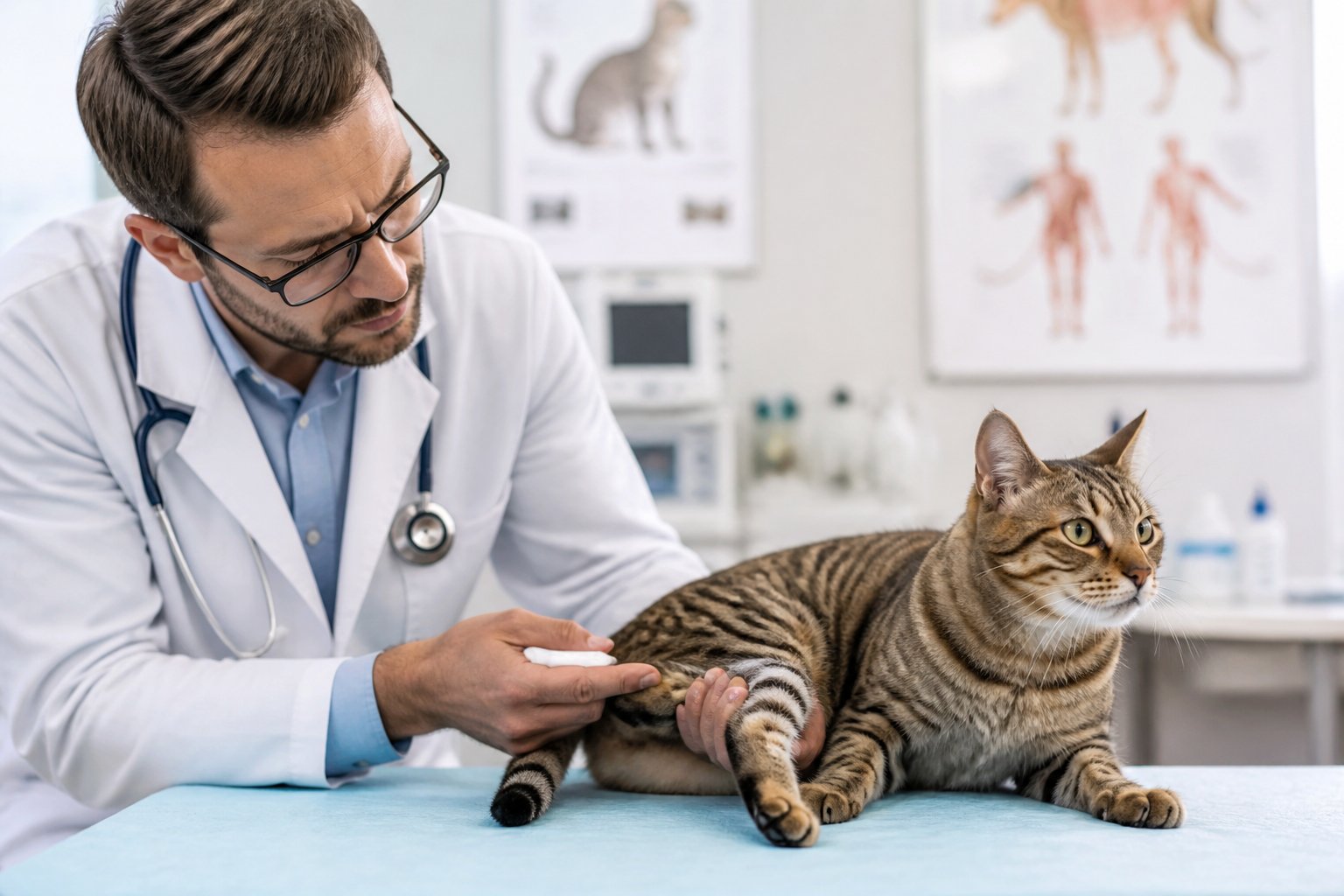 A veterinarian examining the hind leg of a calm cat on an examination table in a veterinary clinic.