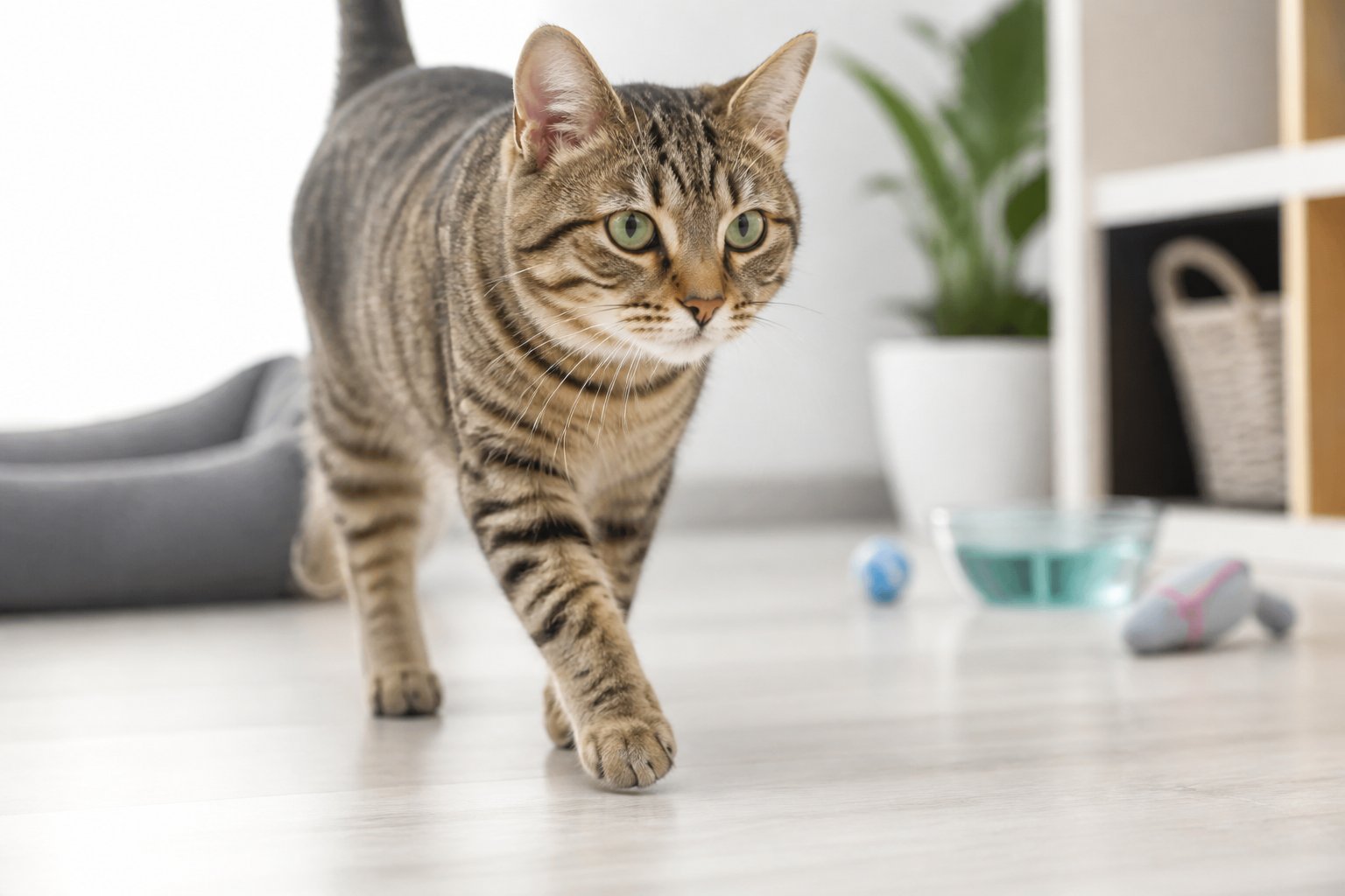 A calm domestic cat walking indoors on a smooth floor in a bright home environment.