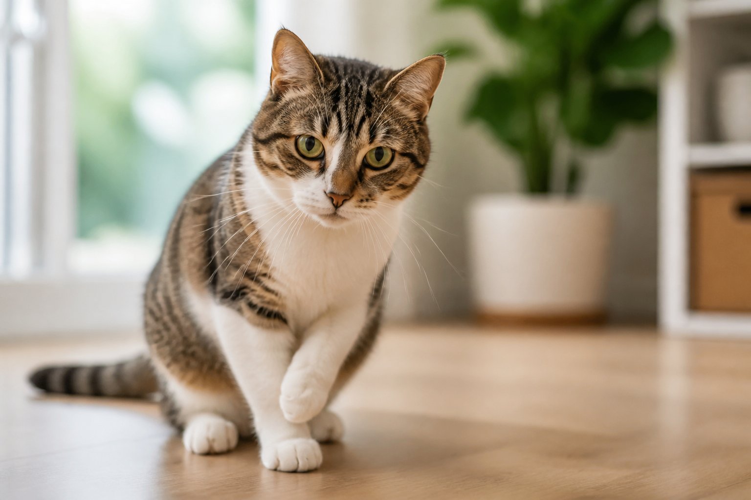 A domestic cat limping slightly while walking indoors in a cozy home setting.