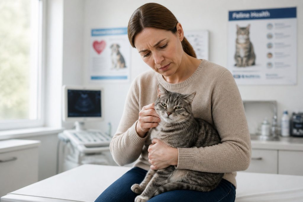 A woman gently holding a gray tabby cat in a veterinary clinic, looking concerned while examining the cat.