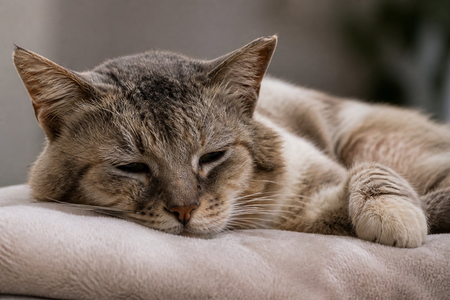 A close-up of a domestic cat lying down, looking tired and weak in a calm indoor setting.