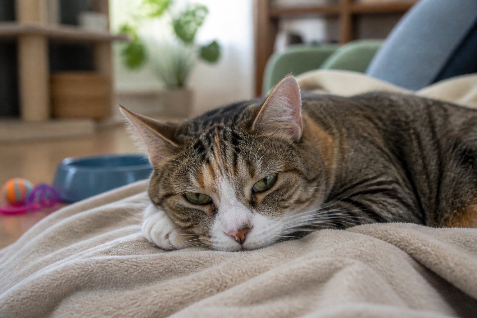 A domestic cat lying quietly on a soft blanket indoors, looking tired and subdued.