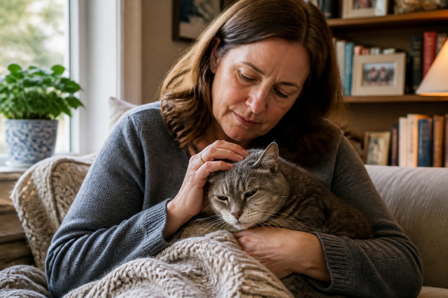 A woman gently holding and comforting an elderly cat in a cozy living room.