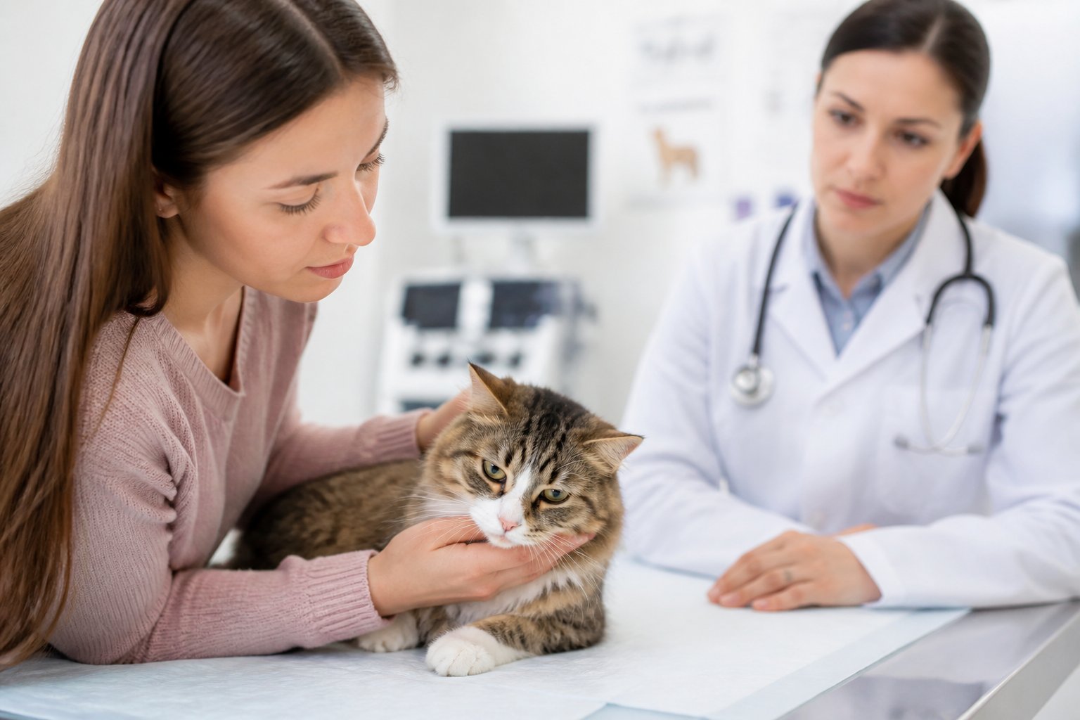 A person gently holding a calm cat in a veterinary clinic while a veterinarian looks on.