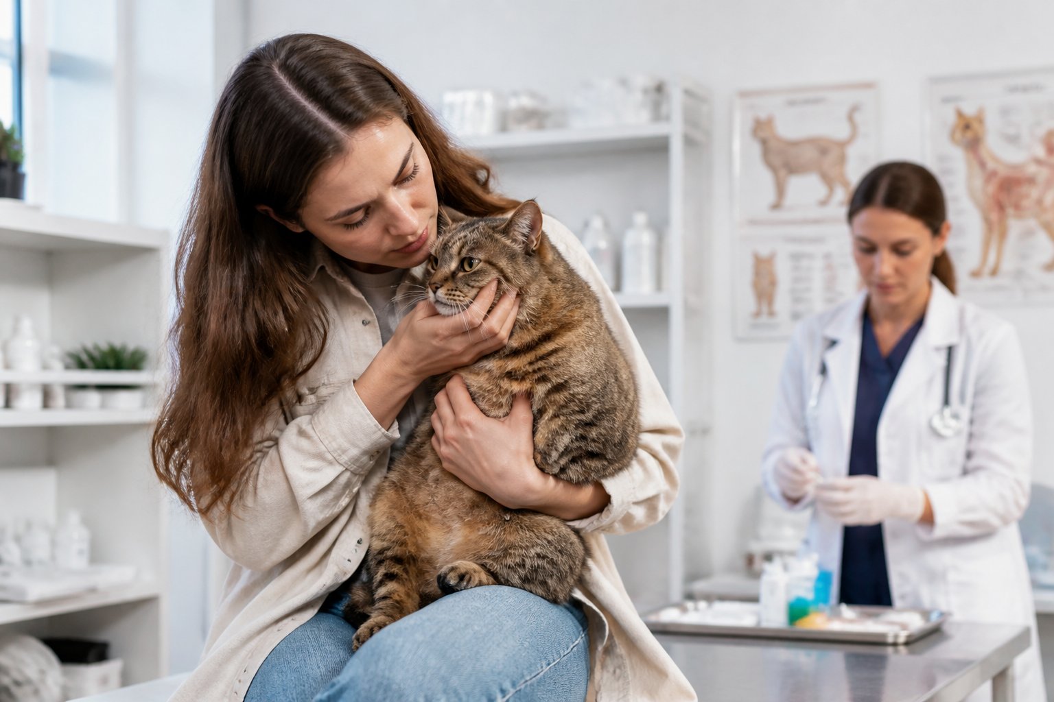 A person gently holding a cat in a veterinary clinic while a veterinarian prepares medical tools in the background.