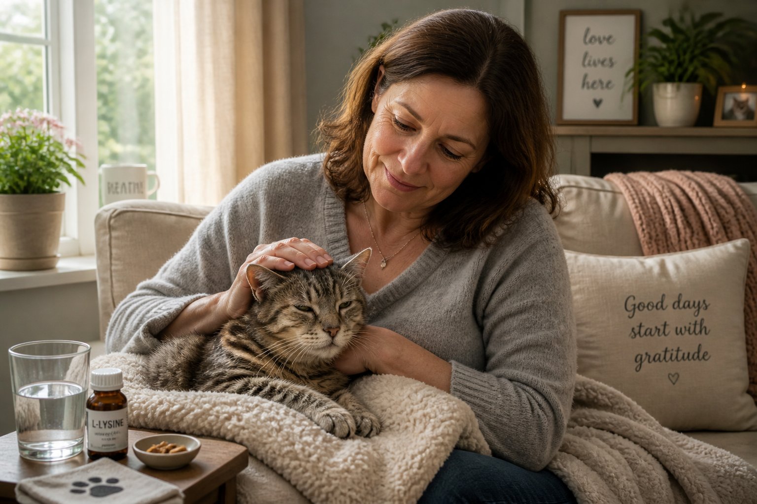 A woman gently comforting her elderly cat on a couch in a cozy living room.