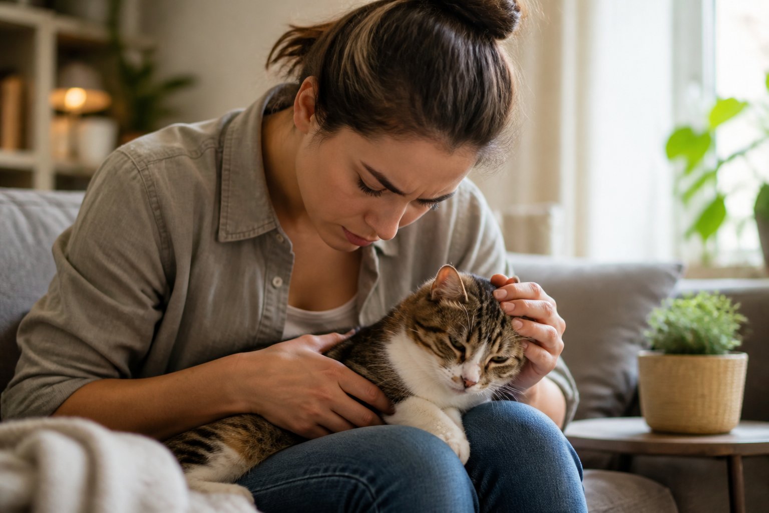 A person gently holding and examining a calm cat in a cozy living room.