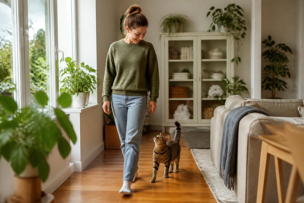 A person walking in a living room with a cat following closely behind.