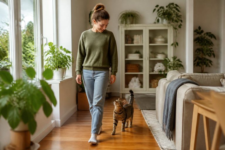 A person walking in a living room with a cat following closely behind.