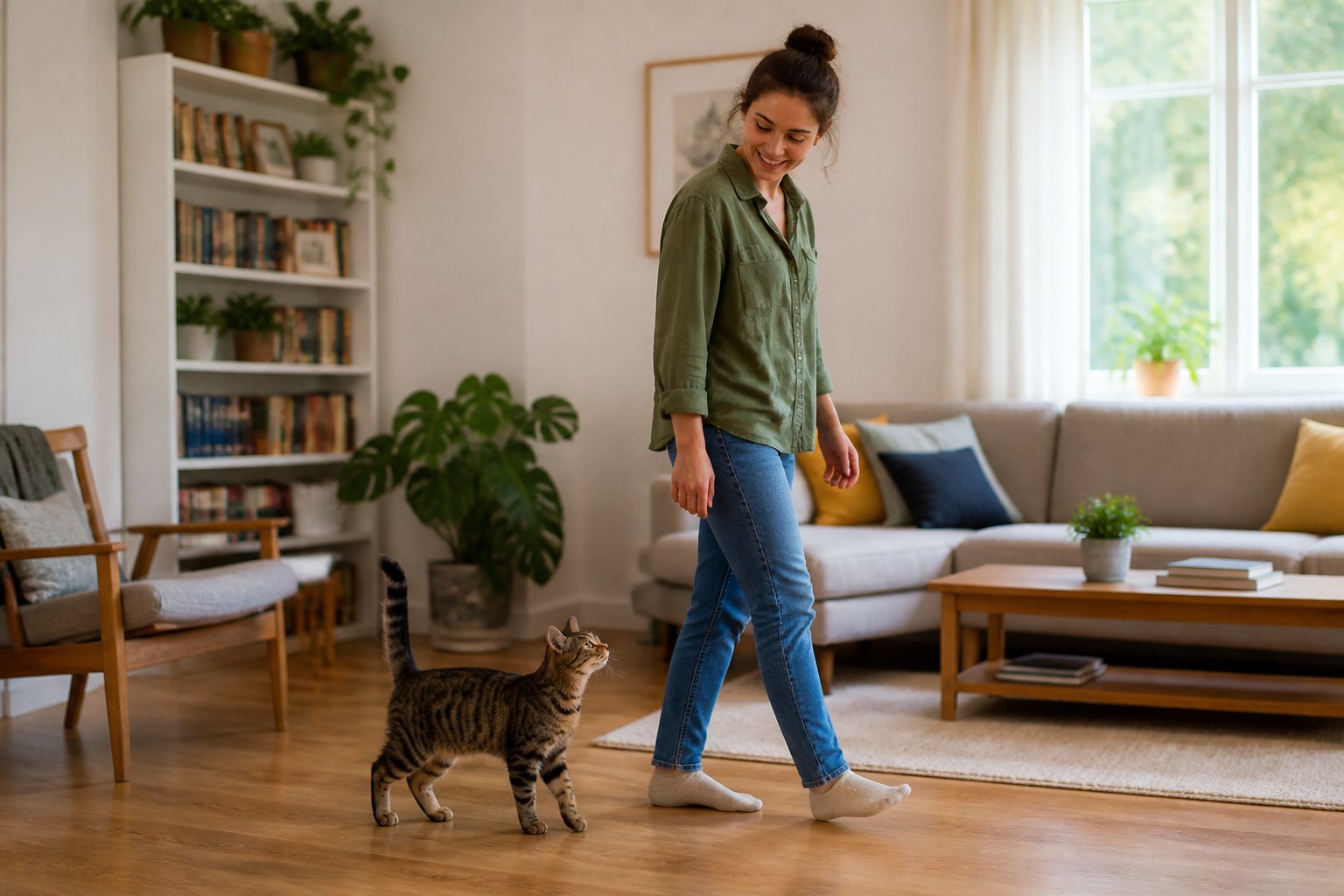 A person walking in a living room with a cat following closely behind.