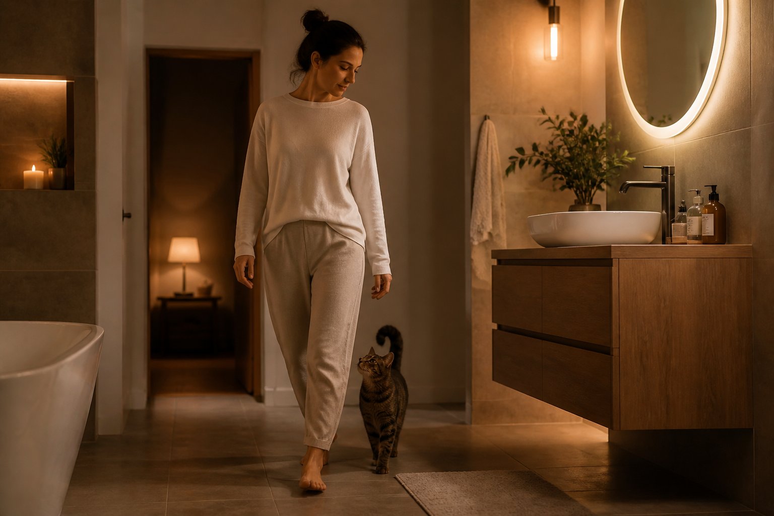 A person walking barefoot in a softly lit bathroom at night with a cat following closely behind.