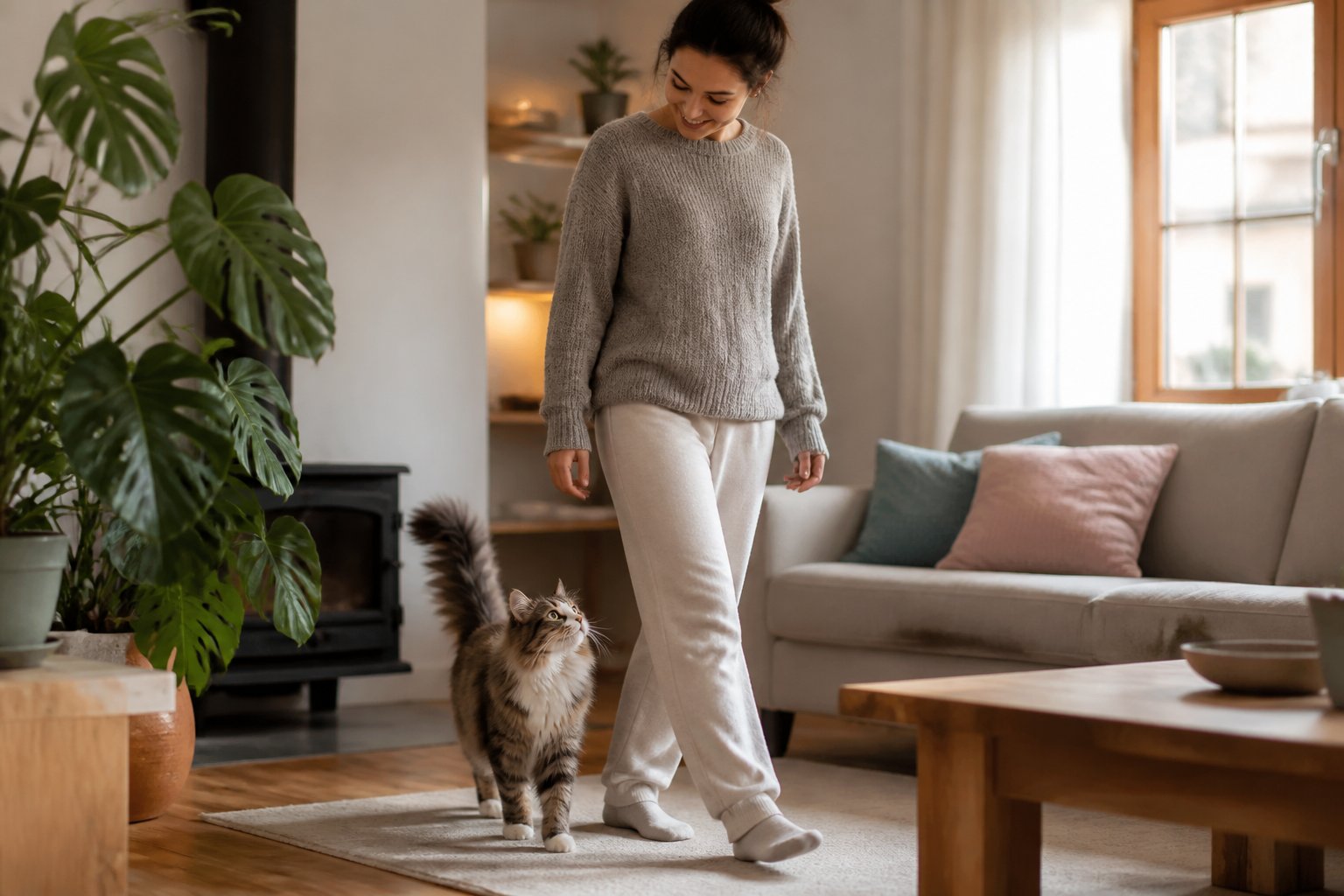 A cat closely following a person walking indoors in a cozy living room.