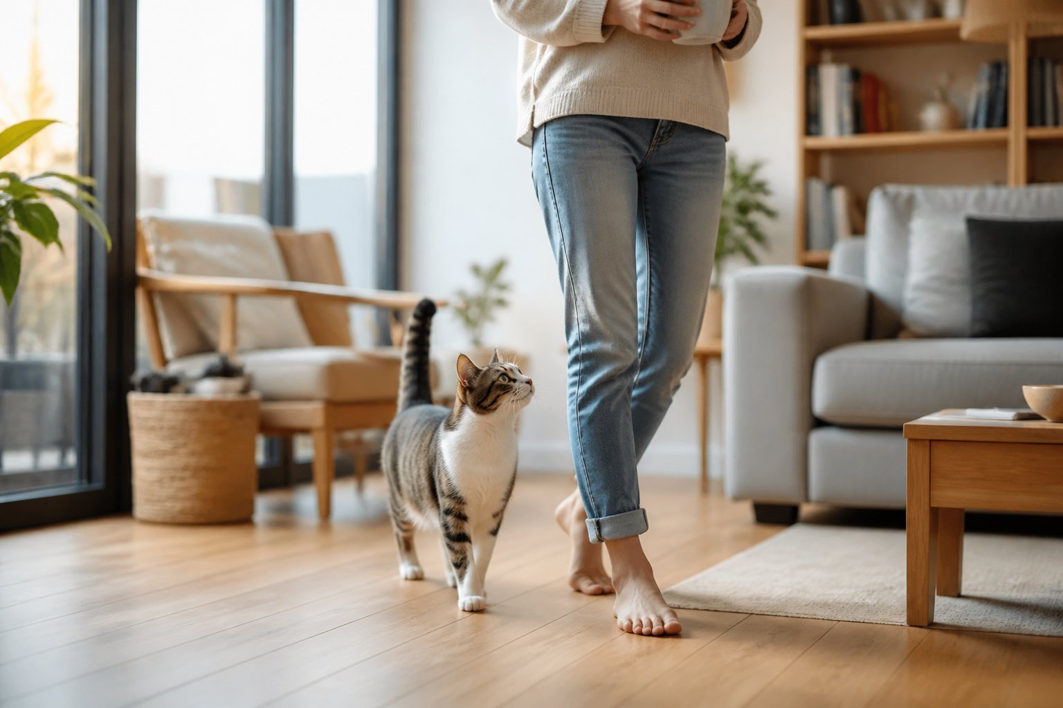 A cat walking closely behind a person in a cozy living room, showing affection and curiosity.