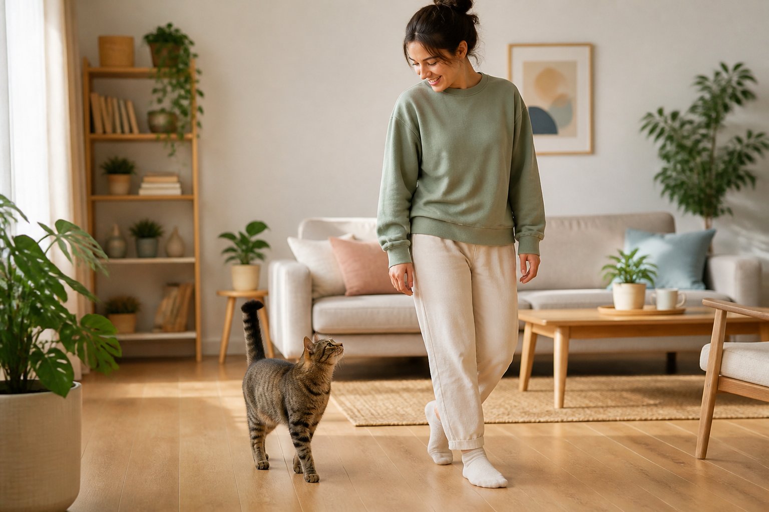 A cat follows a woman walking inside a bright living room, showing a close bond between pet and owner.