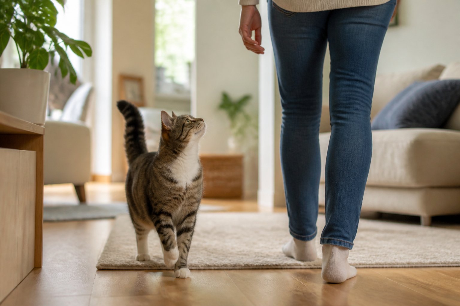 A domestic cat following a person walking through a bright, cozy home.