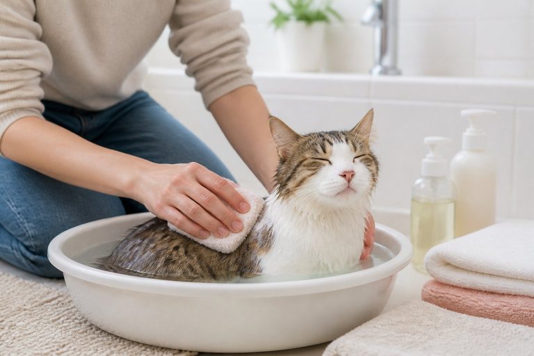 A person gently bathing a calm cat in a shallow basin of warm water in a clean bathroom.